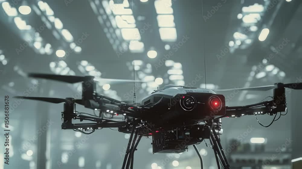 Poster security drone navigating warehouse interior, systematically scanning storage spaces, capturing oper