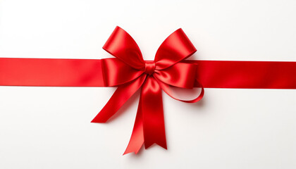 Red satin ribbon with a bow on a white background. AI generated.