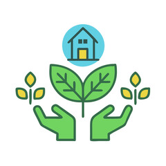 Hands holding plants protect a house for eco living