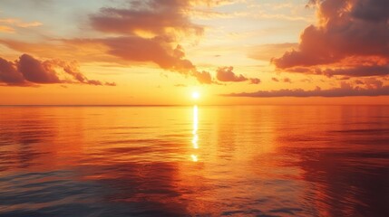 The warm hues of a setting sun reflecting on a calm sea, creating a peaceful and mesmerizing scene