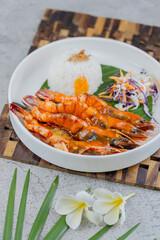 Indonesian Spicy Padang Sauce Shrimp Served on White Plate