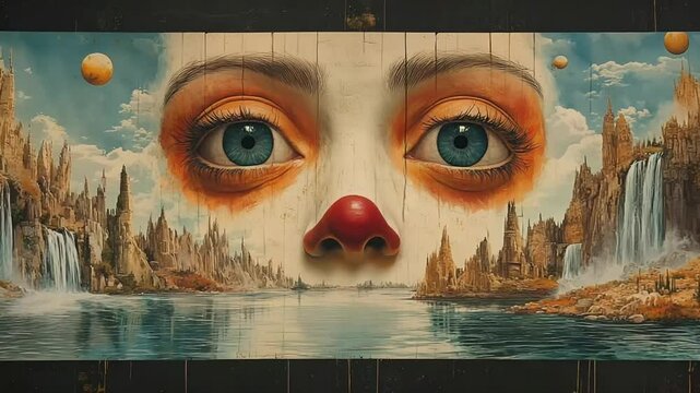 Wide-eyed clown child face towers over alien terrain and canyon lakes. Retro Cutout Collage Style