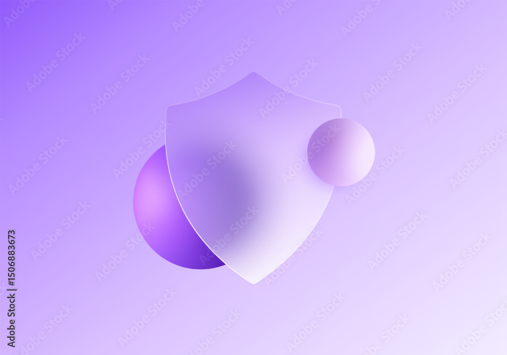 Poster violet web shield with floating spheres in glass morphism style