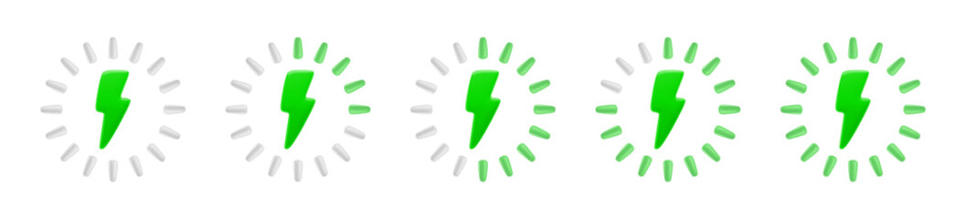 Vector cartoon 3d battery charge level indicator icon set. Realistic render green lightning and circle energy level bar. Charging status round diagram collection, battery capacity from empty to full.