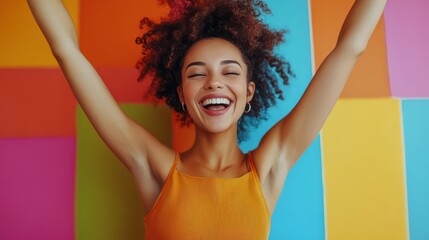 Radiant Euphoria: A Smiling Woman's Joyful Celebration on a Colorful Backdrop