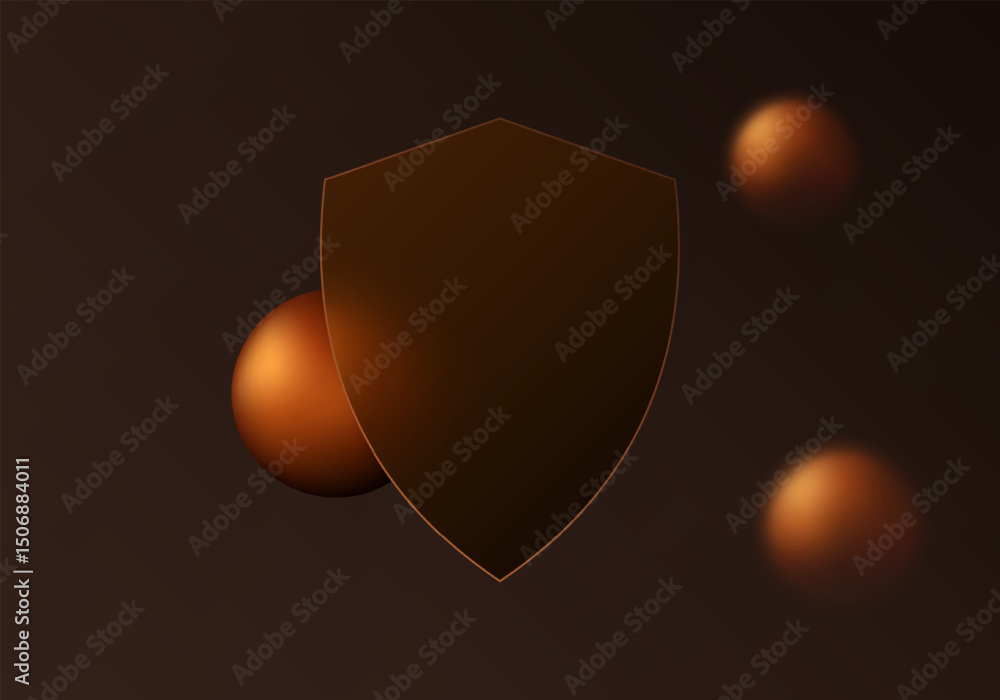 Poster bronze security shield with floating spheres on dark background