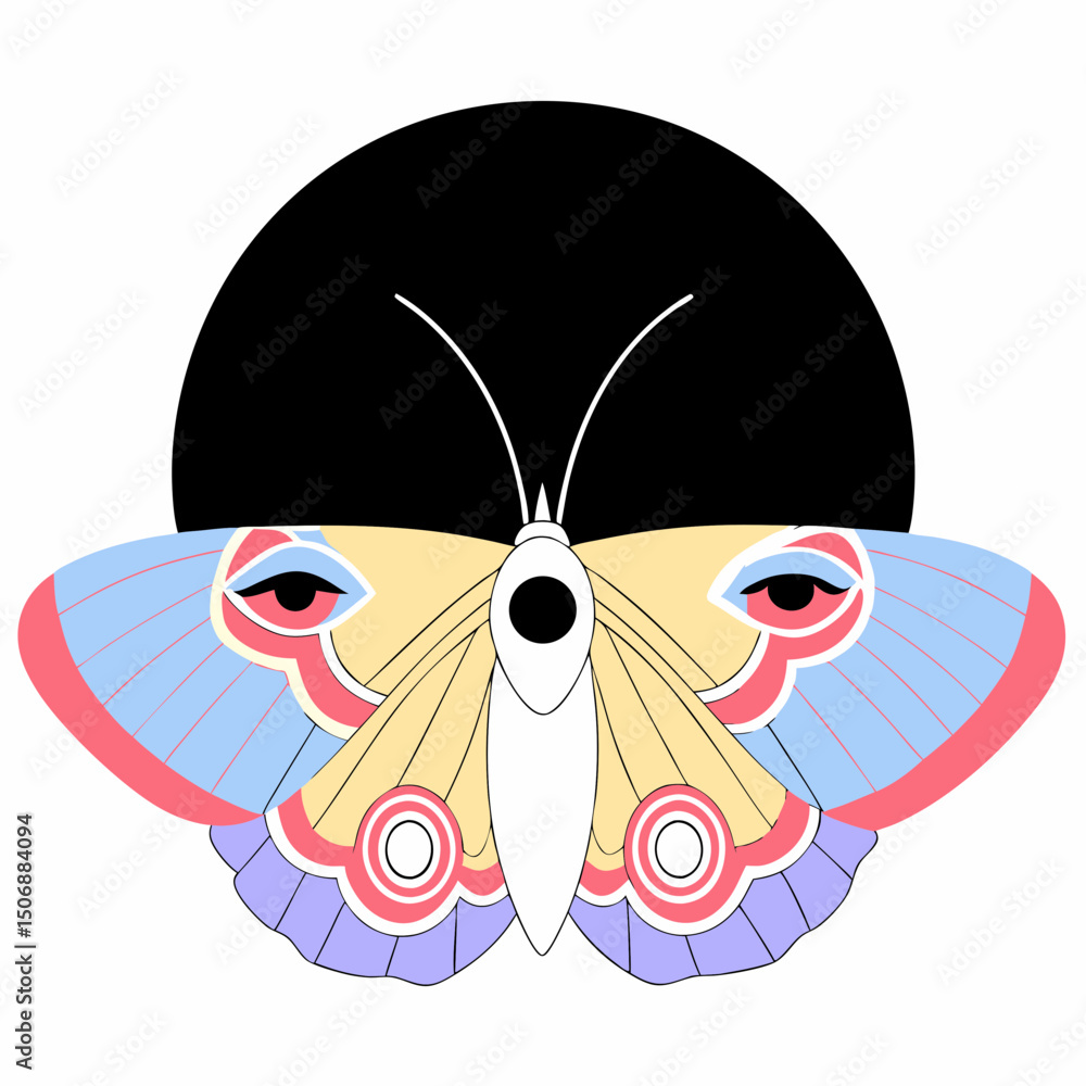 Poster colorful butterfly with intricate patterns and circular background, showcasing vibrant hues and arti