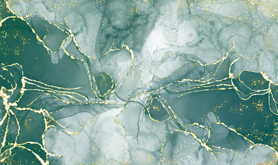 green alcohol ink graceful abstract ink flow art mixed with gold patterns with a translucent background.