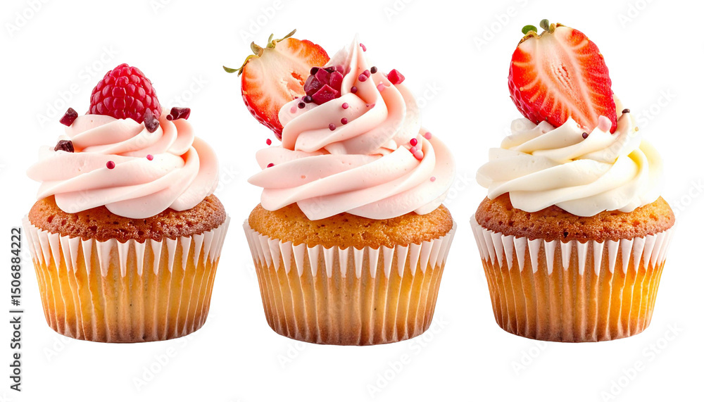Aufkleber set of three delicious cupcakes with frosting, strawberry and raspberry isolated on transparent back