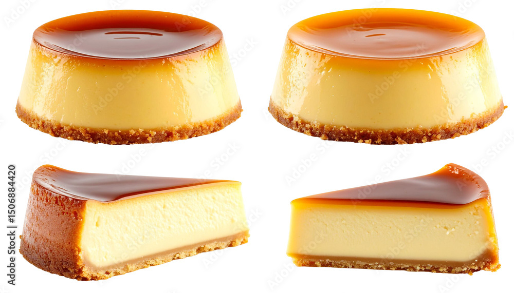 Poster set of custard, whole, sliced and topped, isolated on transparent background