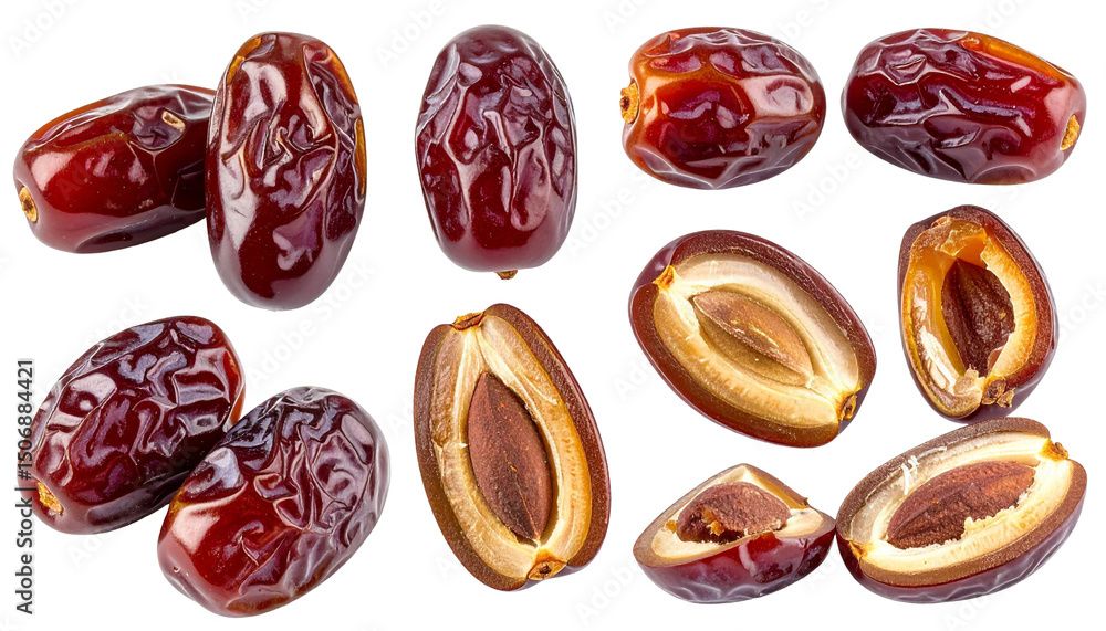 Poster set of whole, halved and chopped dates isolated on transparent background