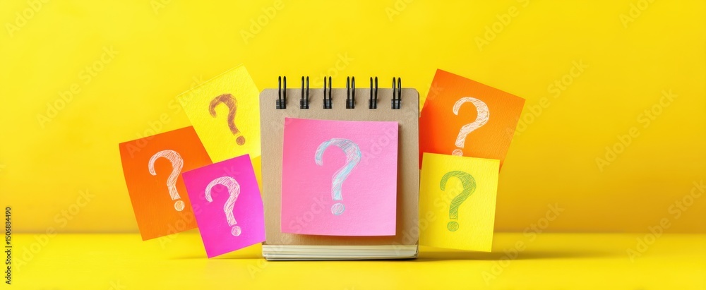 Poster the colorful notebook surrounded by sticky notes with question marks for creativity.