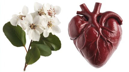 Spring blossoms & anatomical heart; white background; medical/wellness concept