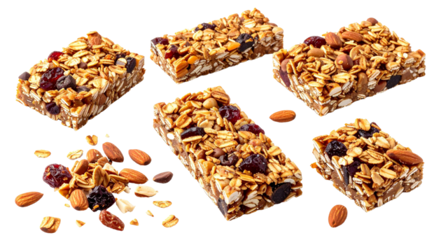 Granola bars with nuts, berries and oat falling on transparent background