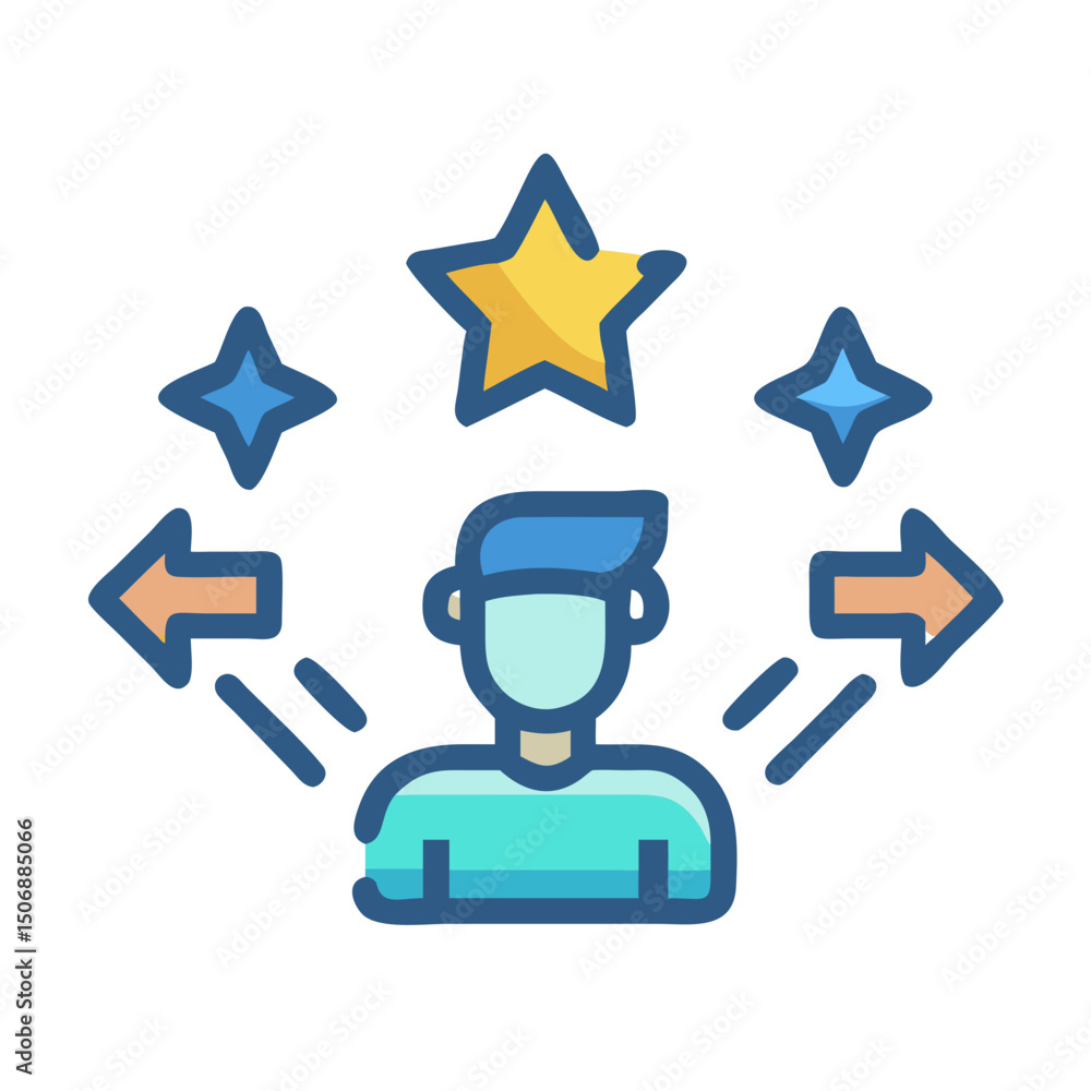 Poster man standing with star and arrows direction decisions concept