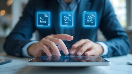 User Interacting with Tablet Featuring Floating Document Icons