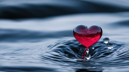 Red glass heart splashing in dark water, calm background, Valentine's Day card