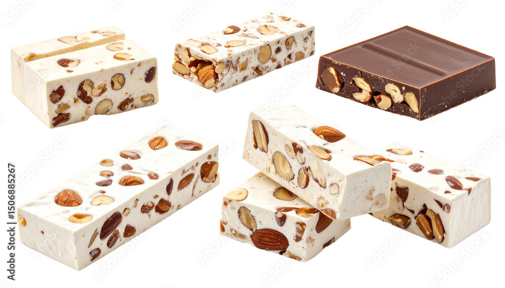 Aufkleber set of nougat and chocolate bar slices with nuts filling isolated on transparent background