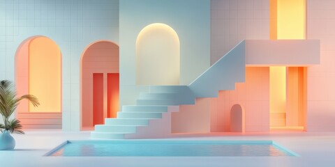 Modern pastel staircase interior with pool geometric architectural design