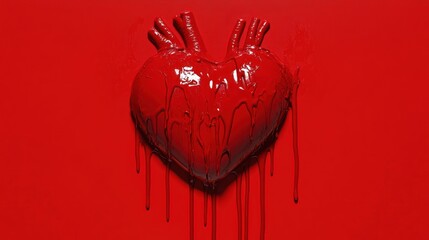 Melted red heart dripping paint, red background, studio shot, Valentine's concept
