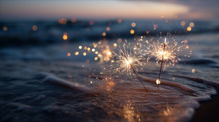 Sparkling Fireworks on the Beach at Sunset
