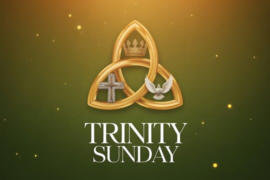 Trinity sunday graphic with crown cross and dove symbol on a green and gold background