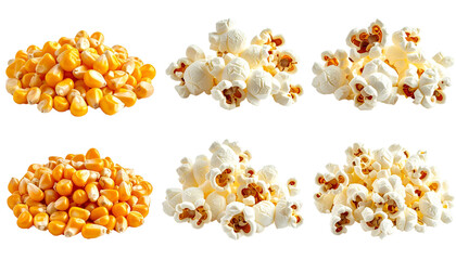 Set of popcorn, whole popped and kernel corn isolated on transparent background
