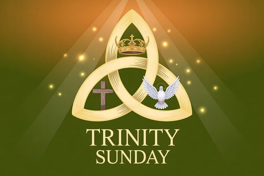 Illustration of trinity sunday with crown cross and dove in a golden celtic knot design