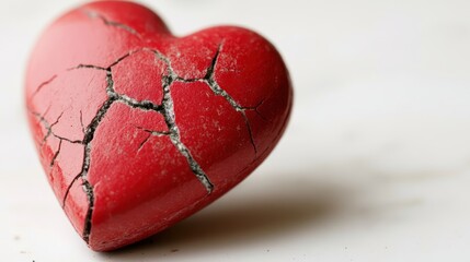 Cracked red heart, close-up, white background, heartbreak concept