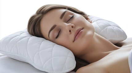 Obraz premium A woman is peacefully sleeping on a contoured ergonomic white pillow with a quilted texture