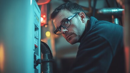 Focused technician inspecting industrial equipment in a dimly lit environment