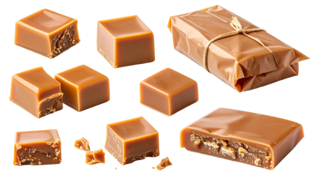 Set of toffee candies, wrapped, unwrapped and cut, isolated on transparent background