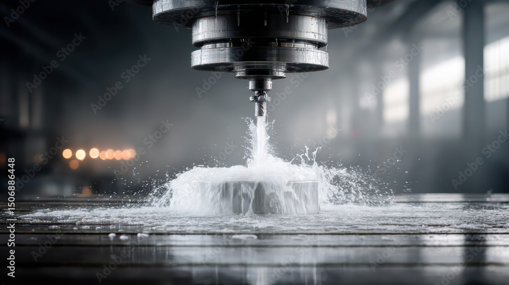 Poster precision milling: a close-up view captures a modern milling machine in operation, showcasing its pr