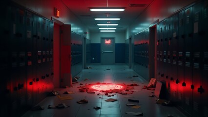 Surreal High School Corridor with Neon 'Lost' Sign and Glowing Portal; a deserted school hallway with scattered papers, glowing lockers, and a mysterious red portal on the floor.