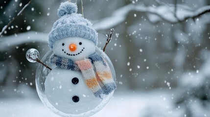 Snowy Winter Scene Glass Snowman Ornament Hanging Outdoors
