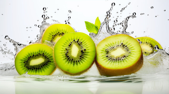 Fresh juicy green kiwi fruit slices in a healthy water splash