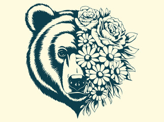 Obraz premium Artistic Bear Head with Floral Design Line art Silhouette Vector Illustration Nature and Wildlife Lovers, Ideal for T-shirt, Wall art, Tattoos, and Decorative Artwork.