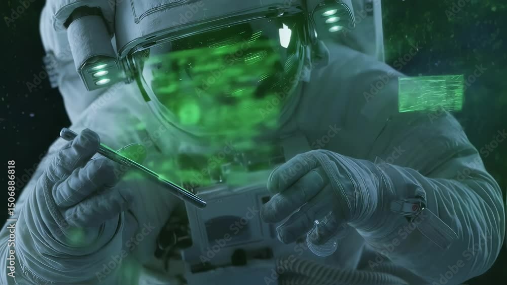 Poster astronaut operates a smartphone projecting green holographic data in space, highlighting advanced sp