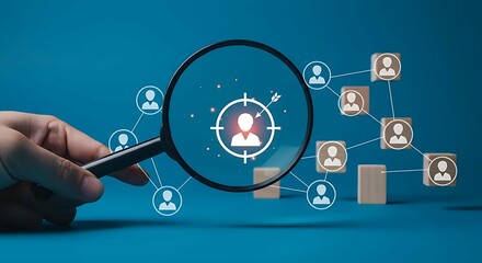 Magnifying glass highlighting a target and a man icon on a blue background. Customer recognition and searching. Talent acquisition.