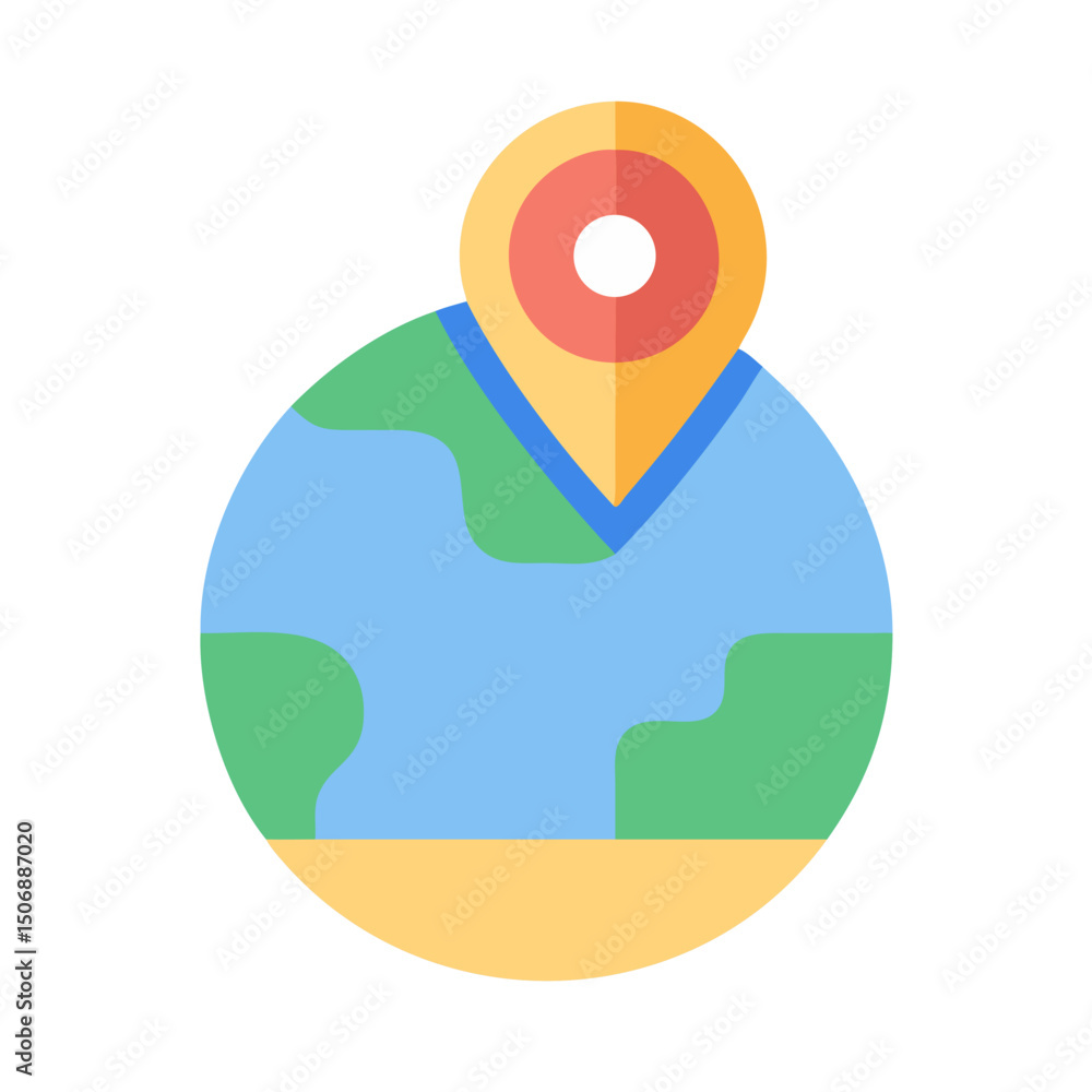 Poster globe with location pointer highlighting global positioning, flat style