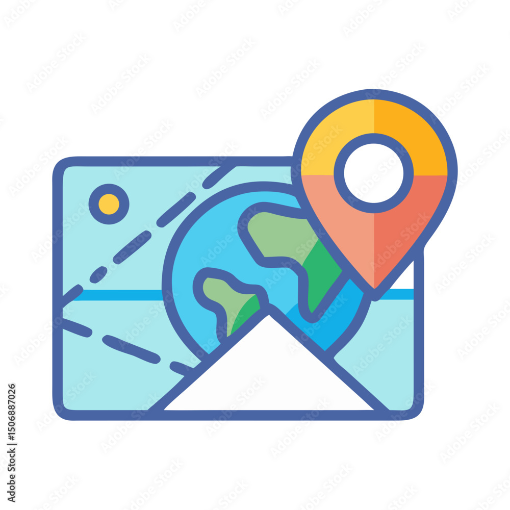 Poster flat icon of global positioning over a global map