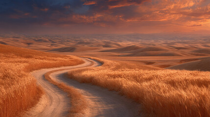 Curved dirt road winding through golden wheat fields at sunset, dramatic sky and warm rural landscape