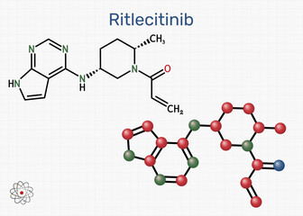 Ritlecitinib molecule. JAK3/TEC inhibitor used in treatment of alopecia areata. Sheet of paper in a cage