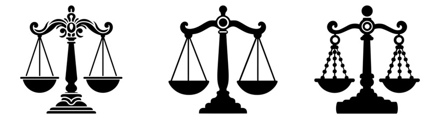 Justice Scales Icon Set – Black Legal Balance Symbol Collection