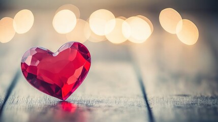 Red crystal heart on wood, bokeh lights, romantic, Valentine's Day card
