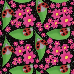 Seamless pattern of lady bug and rose flower