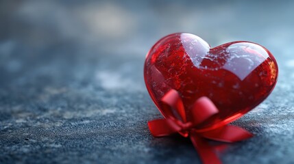 Detailed close-up of a polished, red glass heart with delicate red ribbon