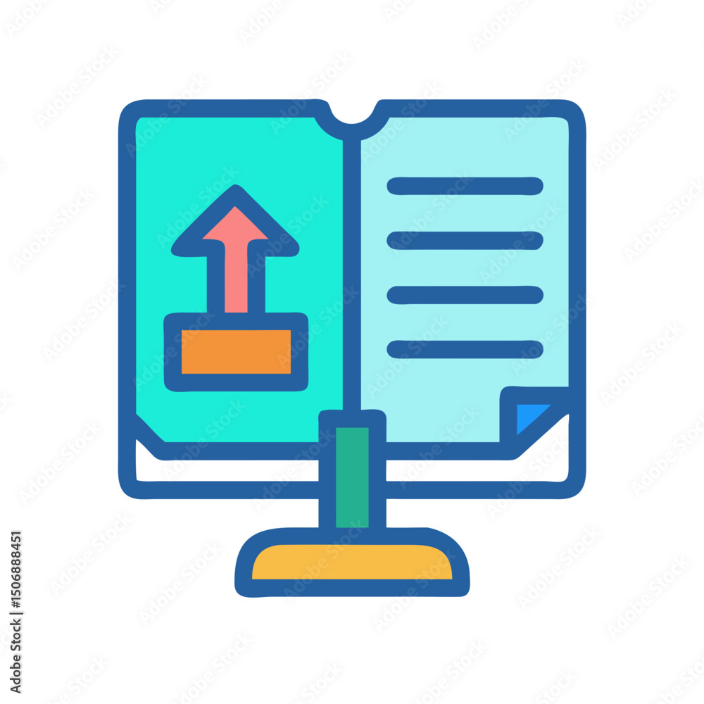 Poster data upload book icon with arrow in flat style