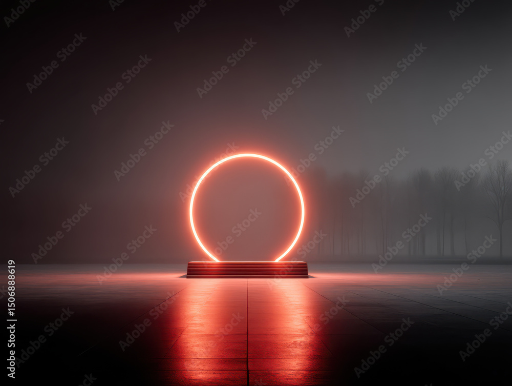 Poster glowing portal: a captivating digital rendering featuring a radiant neon circle hovering above a sle