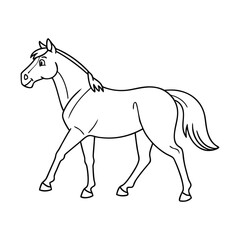 A Simple Line Drawing of a Walking Horse, Perfect for Coloring Books and Educational Materials, Featuring a Friendly Expression and Clear Outlines, Making it Ideal for Kids' Activities and Creative Pr
